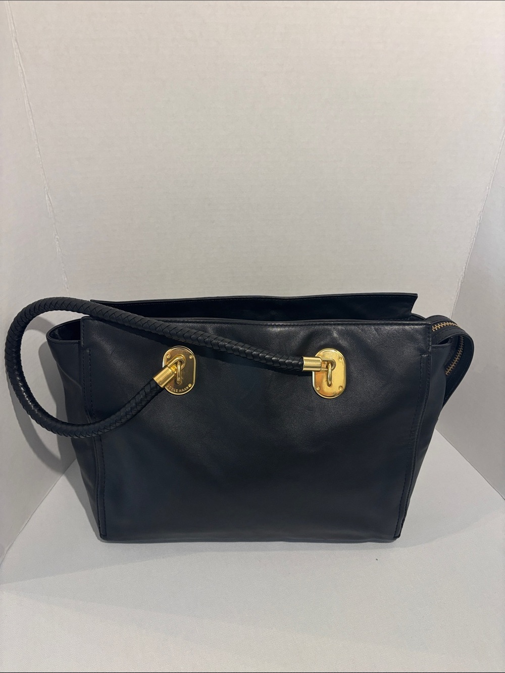 Cole Haan Classic Black Leather Work Tote with Gold Hardware and Braided Handles - Picture 2 of 12